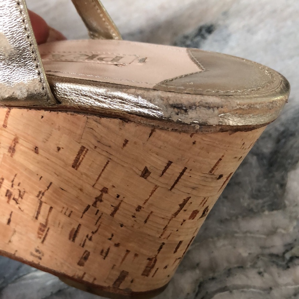 Prada vintage 90’s cork wedge heels metallic leather tortoiseshell look links 8 - Picture 8 of 11